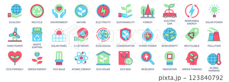 Ecology icon set in flat color icons web design. Pack pictograms with recycle, environment, nature, sustainability, forest, electric car, renewable energy, solar power, other. Vector illustration. Ecology icon set in flat color icons web design. Pack pictograms with recycle, environment, nature, sustainability, forest, electric car, renewable energy, solar power, other. Vector illustration. 123840792