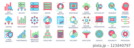 Data analytics icon set in flat color icons web design. Pack pictograms with database, server, analysis, monitoring, cloud computing, research, analyst, machine learning, other. Vector illustration. 123840797