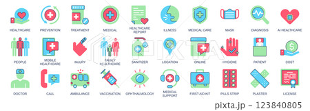 Healthcare icon set in flat color icons web design. Pack pictograms with prevention, treatment, medical, illness, care, diagnosis, people, injury, family, location, doctor, other. Vector illustration. Healthcare icon set in flat color icons web design. Pack pictograms with prevention, treatment, medical, illness, care, diagnosis, people, injury, family, location, doctor, other. Vector illustration. 123840805