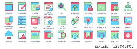 Website icon set in flat color icons web design. Pack pictograms with user experience, seo, homepage, security, e-commerce, internet, map, server, blog, interface, link, other. Vector illustration. 123840806