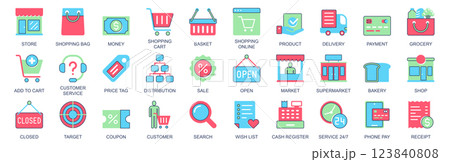 Shopping icon set in flat color icons web design. Pack pictograms with store, money, cart, basket, product, delivery, payment, grocery, customer, service, price tag, sale, other. Vector illustration. Shopping icon set in flat color icons web design. Pack pictograms with store, money, cart, basket, product, delivery, payment, grocery, customer, service, price tag, sale, other. Vector illustration. 123840808