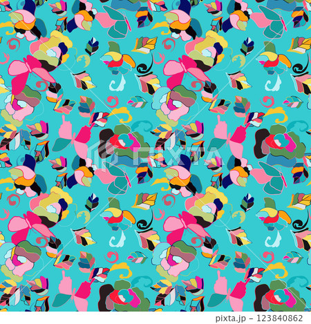 This vibrant abstract design features playful shapes and colors, ideal for prints, wallpapers, and digital media 123840862
