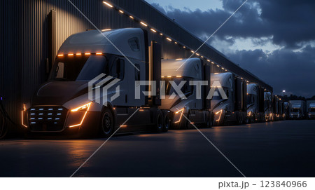 Row of generic brand electric semi trucks charging at night 123840966