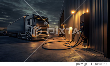Modern black electric semi-trailer truck charging at night 123840967