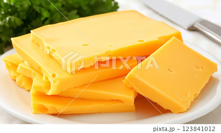 Slices of cheddar cheese neatly piled on white plate 123841012