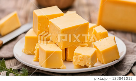 Slices of cheddar cheese arranged on a white plate 123841013