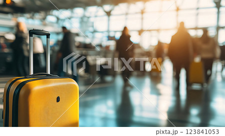 Yellow suitcase standing in a busy airport terminal 123841053