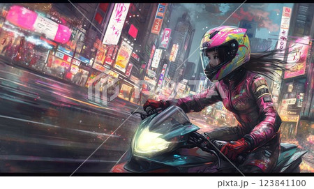 Young female biker riding fast through the streets of tokyo at night 123841100