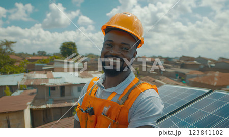 Smiling african engineer posing on rooftop with solar panels 123841102