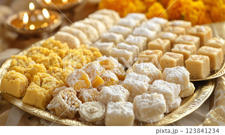 Diwali sweets being displayed on a plate during diwali festival of lights 123841234