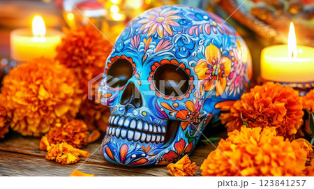 Blue painted skull surrounded by cempasuchil flowers and lit candles 123841257