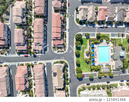 Aerial view of middle class community identical condominium, Oceanside, South California 123841366