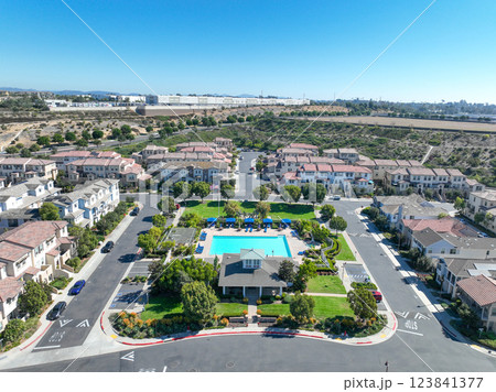 Aerial view of middle class community identical condominium, Oceanside, South California 123841377