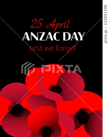 Anzac day vector vertical poster with poppy flower composition on black background 123841390