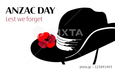 Anzac day vector horizontal banner with slouch hat and single poppy on white background 123841403