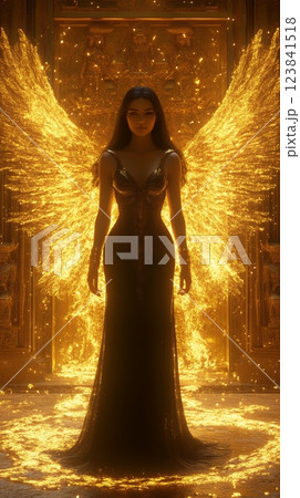 A young Asian woman, adorned in a golden gown, stands with fiery, golden wings. She embodies the spirit of the Assyrian New Year, radiating power and grace 123841518