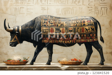 A majestic black bull, adorned with ancient Assyrian hieroglyphs, stands before offerings. This artwork depicts a ritualistic scene, possibly connected to the Assyrian New Year celebration 123841520