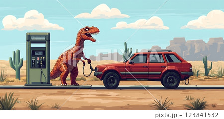 A dinosaur pumps gas into a classic SUV at a desert gas station. This whimsical scene playfully combines prehistoric and modern elements, perfect for Fossil Fools' Day 123841532