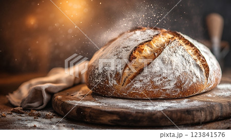 A freshly baked sourdough loaf, dusted with flour, sits on a rustic wooden board. Perfect for National Sourdough Bread Day celebrations 123841576