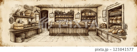 A rustic bakery brimming with freshly baked sourdough. Wooden shelves overflow with loaves, creating a warm, inviting atmosphere. Perfect for National Sourdough Bread Day! 123841577