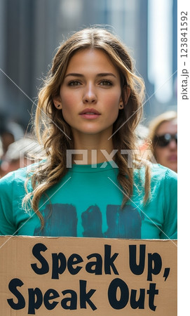Young Caucasian adult female holds a sign reading Speak Up, Speak Out at a protest. She advocates for social change, representing a voice for SAAM Day of Action 123841592