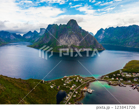 Fjord and mountains landscape. Lofoten islands Norway Fjord and mountains landscape. Lofoten islands Norway 123841726