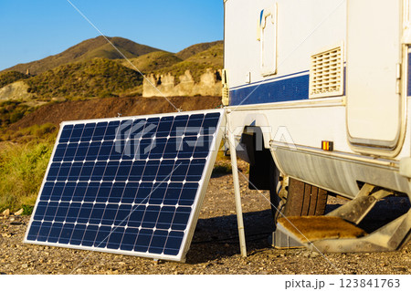 Solar photovoltaic panel at camper vehicle 123841763