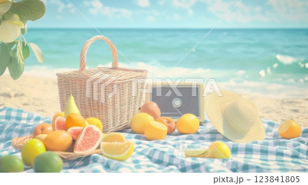 Vintage-inspired beach picnic with a wicker basket, checkered blanket, and fresh fruits, capturing the nostalgic charm of summer in retro tones 123841805