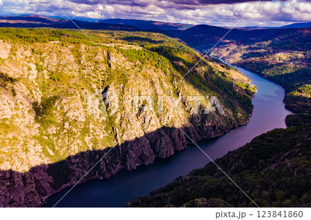 Aerial view of river Sil Canyon, Galicia Spain 123841860