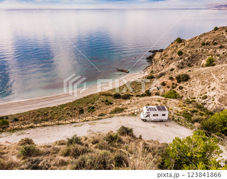 Rv camper on spanish coast. Aerial view 123841866