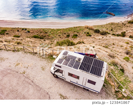 Rv camper on spanish coast. Aerial view 123841867