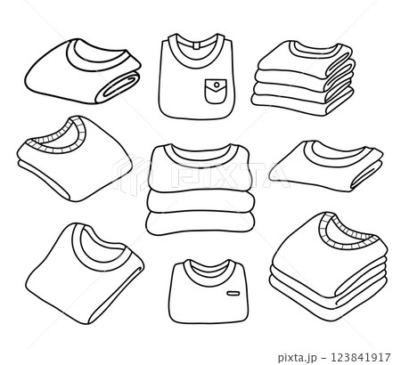 Outline Rolled-Up T-Shirt and folded sweater set. Isolated linear hand drawings clothes on white background. Vector illustration 123841917