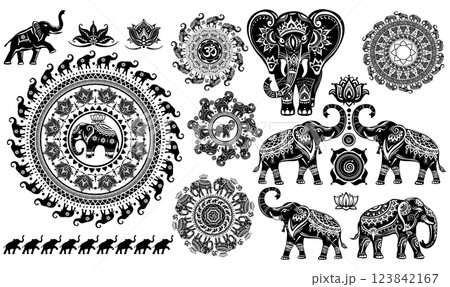 Set of stylized decorative elephants Set of stylized decorative elephants 123842167