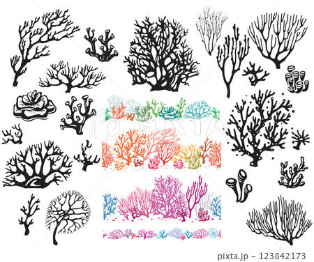 Corals and seaweed silhouette set 123842173