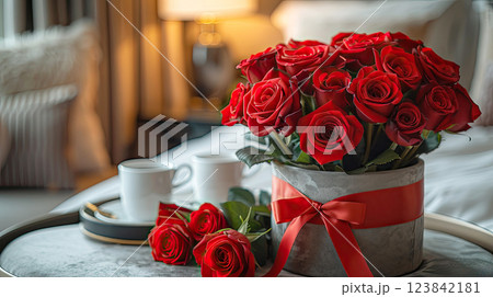 A bouquet of red roses, two cups of coffee in the hotel room 123842181