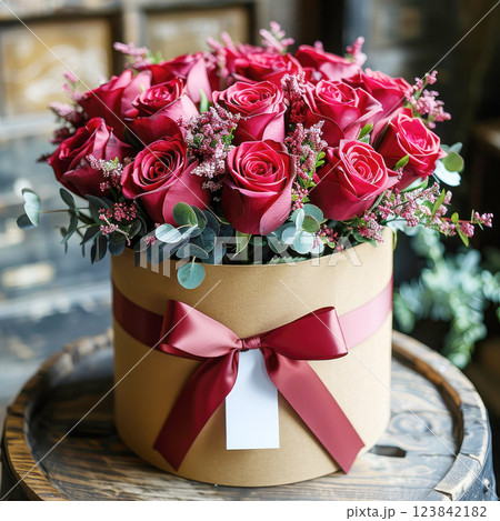 Red roses a round box with a red ribbon 123842182