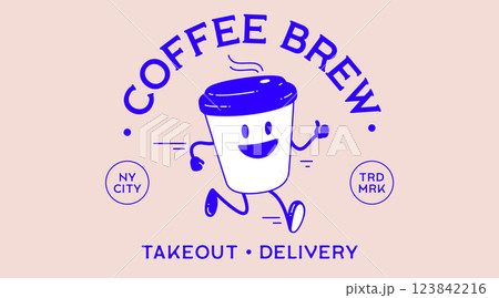 Coffee cup, funny character mascot. Design template, logo, sign, graphic element for advertising, branding, poster. Funny coffee cup, cartoon character mascot, smile coffee cup. Vector Illustration 123842216