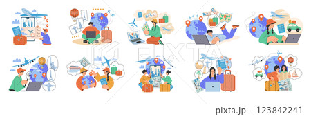 Adventure plan. Happy tourists preparing on vacation trip rout organization tickets buying and check in hotel recent vector concept illustrations 123842241