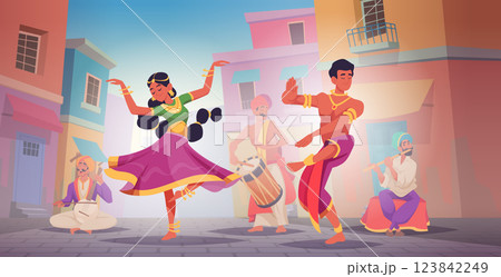 Indian performance. Action movement dancing characters male and female exact vector indian traditional show 123842249