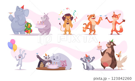 Birthday animals. Happy smile wild cartoon animals with cake and gifts exact vector party celebration concept pictures 123842260