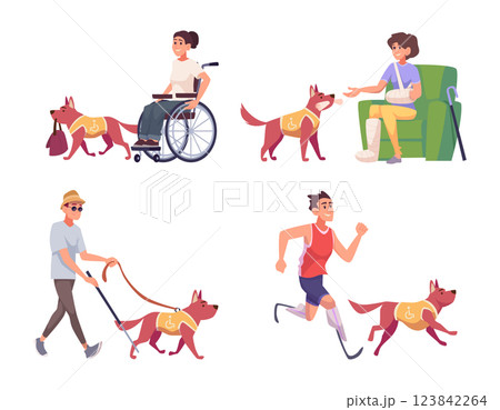 Disabilities people animal. A guide pet assistant for disability persons exact vector health care cartoon illustrations 123842264