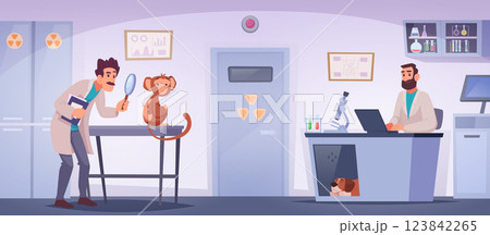 Animal experiments. Background scientists lab with smart professional doctors making experiments exact vector cartoon template 123842265