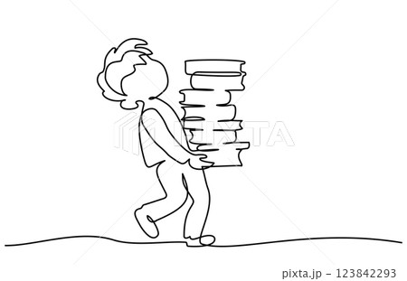 Young boy pupil walk and carry stack school books. Continuous one line drawing. 123842293
