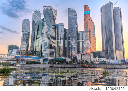 High buildings of Moscow-City at Moskva River at summer sunset, Russia. High buildings of Moscow-City at Moskva River at summer sunset, Russia. 123842363