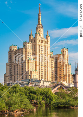 The view on the residential Stalinist high-rise building on Kudrinskaya Square. It is the one of seven Stalinist skyscrapers built in 1947-1954. The view on the residential Stalinist high-rise building on Kudrinskaya Square. It is the one of seven Stalinist skyscrapers built in 1947-1954. 123842399