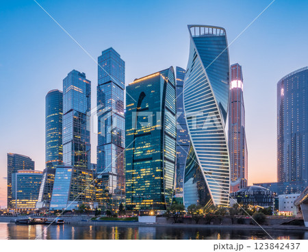 High buildings of Moscow-City at Moskva River at summer sunset, Russia. High buildings of Moscow-City at Moskva River at summer sunset, Russia. 123842437