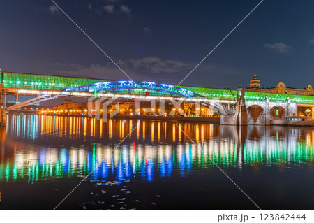 Pushkinskiy bridge with night illumination. Bridge to Gorky Park. Pushkinskiy bridge with night illumination. Bridge to Gorky Park. 123842444