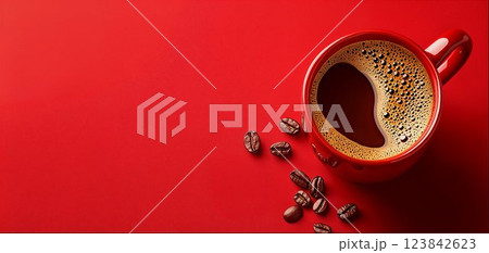 Red coffee cup with fresh black coffee and roasted beans on red background, copy space 123842623