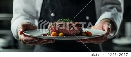 Grilled medium rare steak served on a plate by a professional chef in a restaurant Grilled medium rare steak served on a plate by a professional chef in a restaurant 123842657