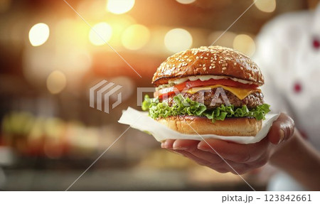 Delicious burger with lettuce and tomato held in hand with blurred background and copy space 123842661